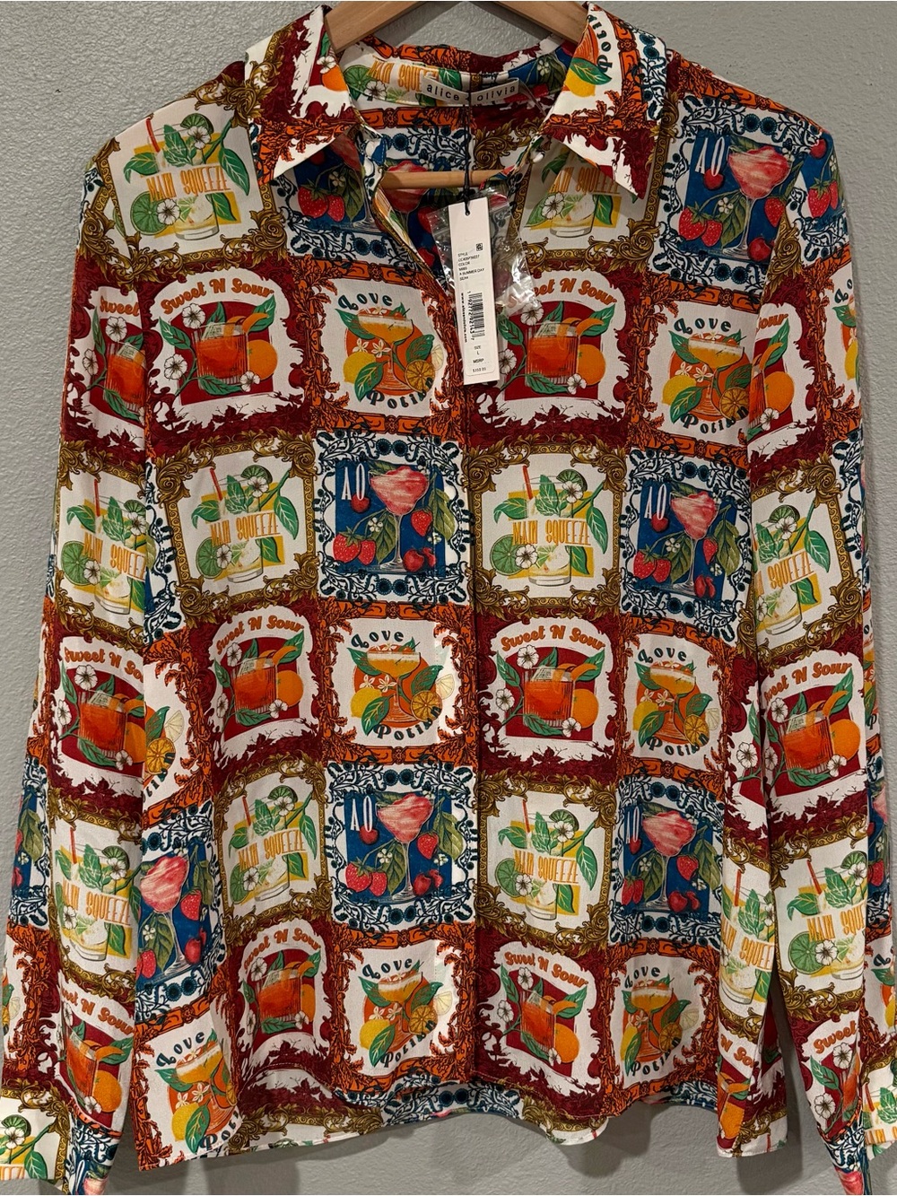 New Alice + Olivia Willa Summer Day Shirt Blouse Fruit Drinks Cocktails Tea L - Picture 3 of 10